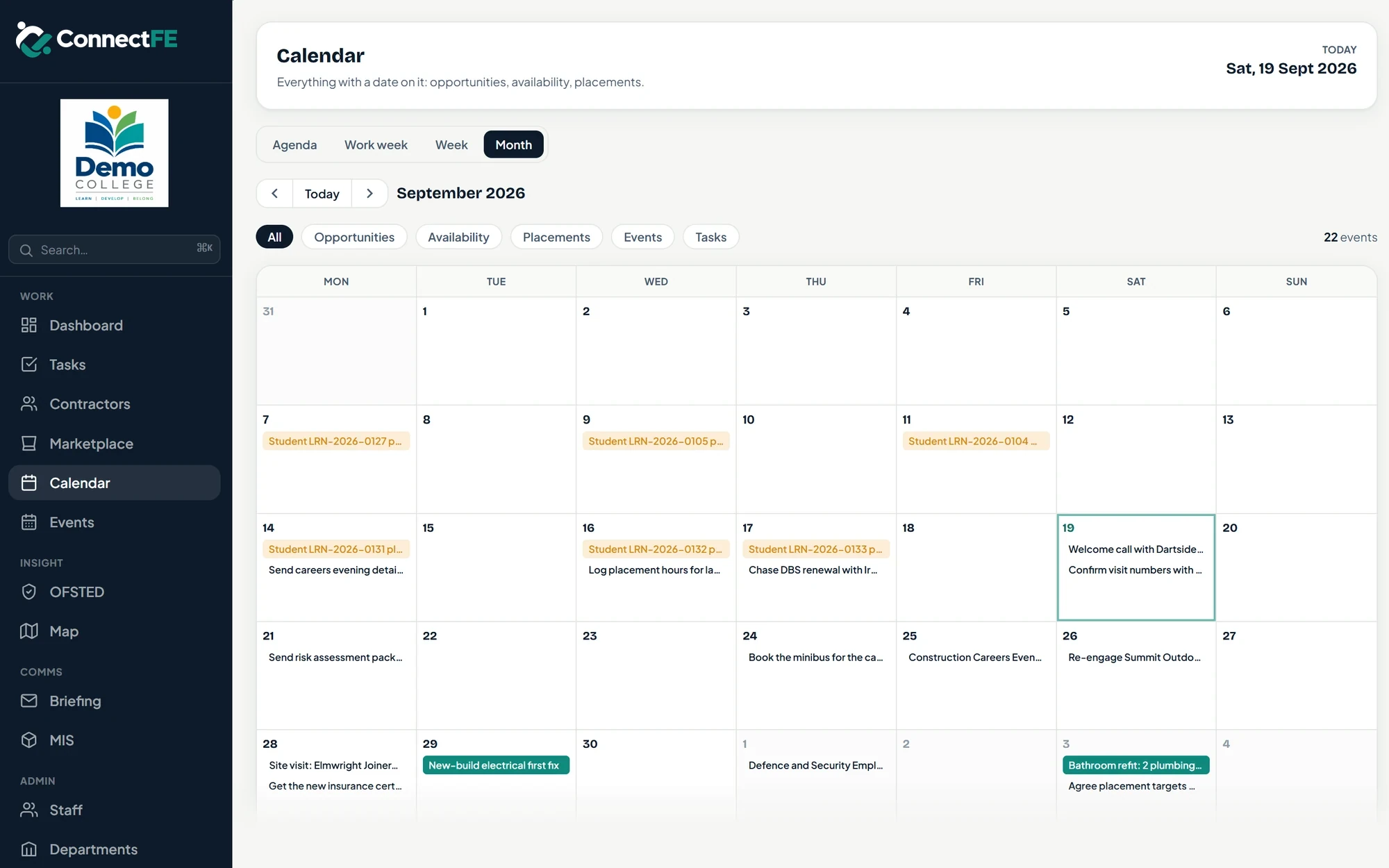 ConnectFE month calendar showing student placements, tasks, events and marketplace opportunities